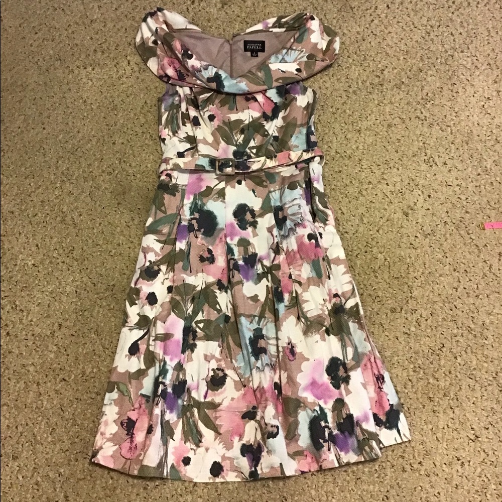 ADRIANNA PAPELL COTTAGE CORE DRESS BELTED EUC SZ 8 FLORAL  PRINT A LINE